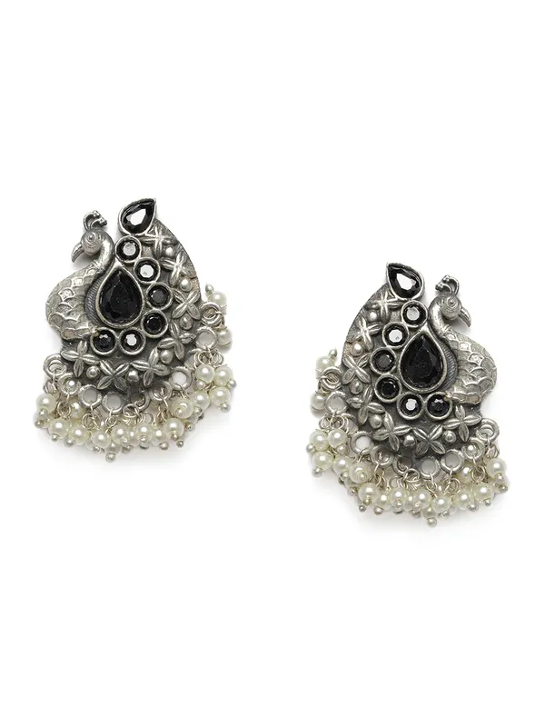 Silver-Toned__Black_Peacock_Shaped_Pearl_Studs