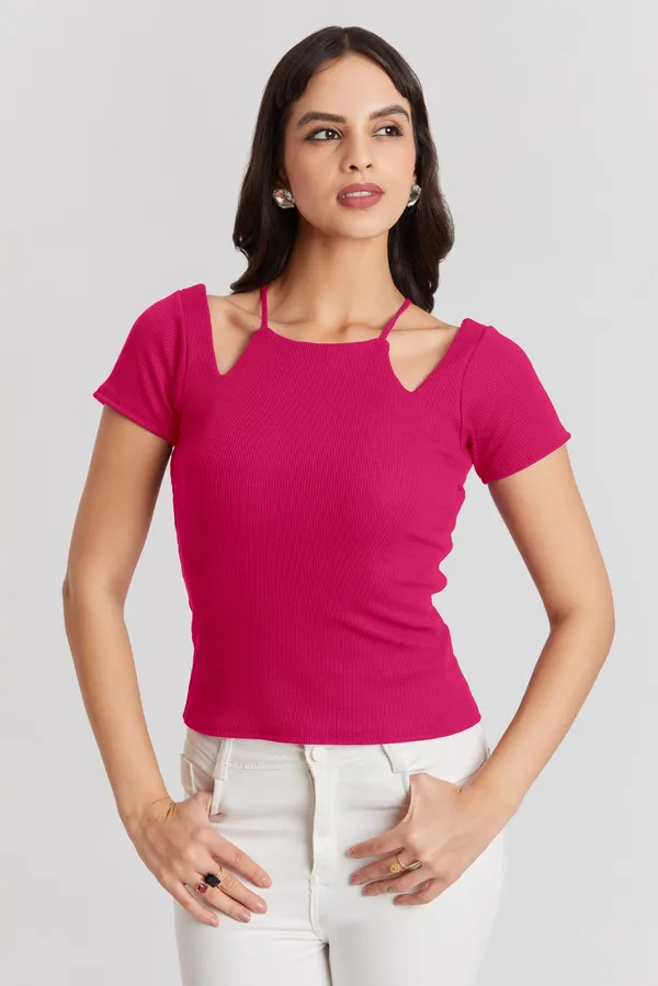 Solid_Casual_Half_Sleeves_Round_Neck_Women_Slim_Fit_Tops
