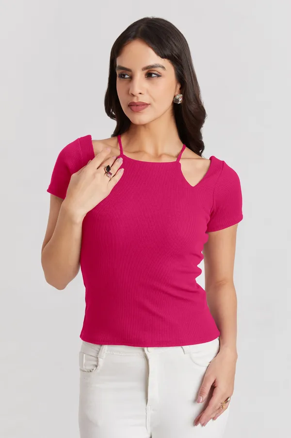 Solid_Casual_Half_Sleeves_Round_Neck_Women_Slim_Fit_Tops
