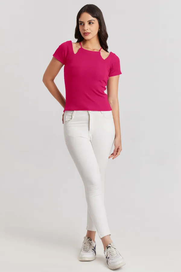 Solid_Casual_Half_Sleeves_Round_Neck_Women_Slim_Fit_Tops