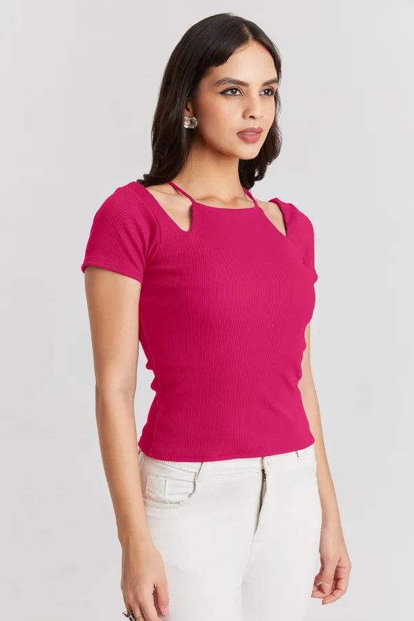 Solid_Casual_Half_Sleeves_Round_Neck_Women_Slim_Fit_Tops