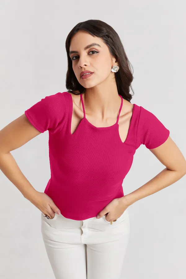 Solid_Casual_Half_Sleeves_Round_Neck_Women_Slim_Fit_Tops