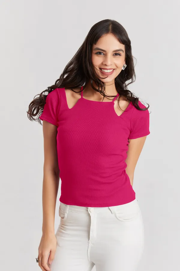 Solid_Casual_Half_Sleeves_Round_Neck_Women_Slim_Fit_Tops