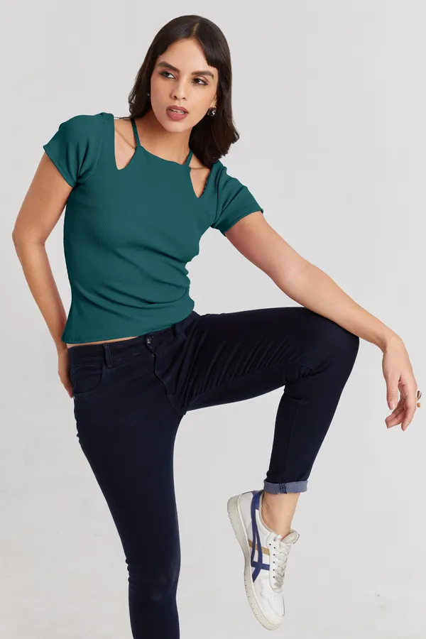 Solid_Casual_Half_Sleeves_Round_Neck_Women_Slim_Fit_Tops