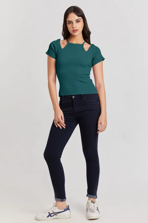Solid_Casual_Half_Sleeves_Round_Neck_Women_Slim_Fit_Tops