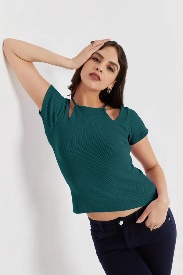 Solid_Casual_Half_Sleeves_Round_Neck_Women_Slim_Fit_Tops