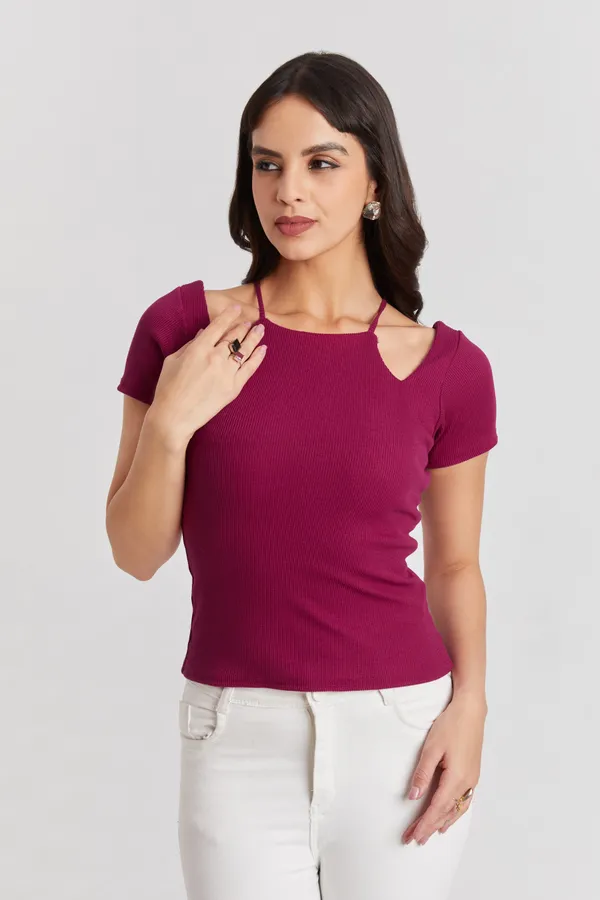 Solid_Casual_Half_Sleeves_Round_Neck_Women_Slim_Fit_Tops