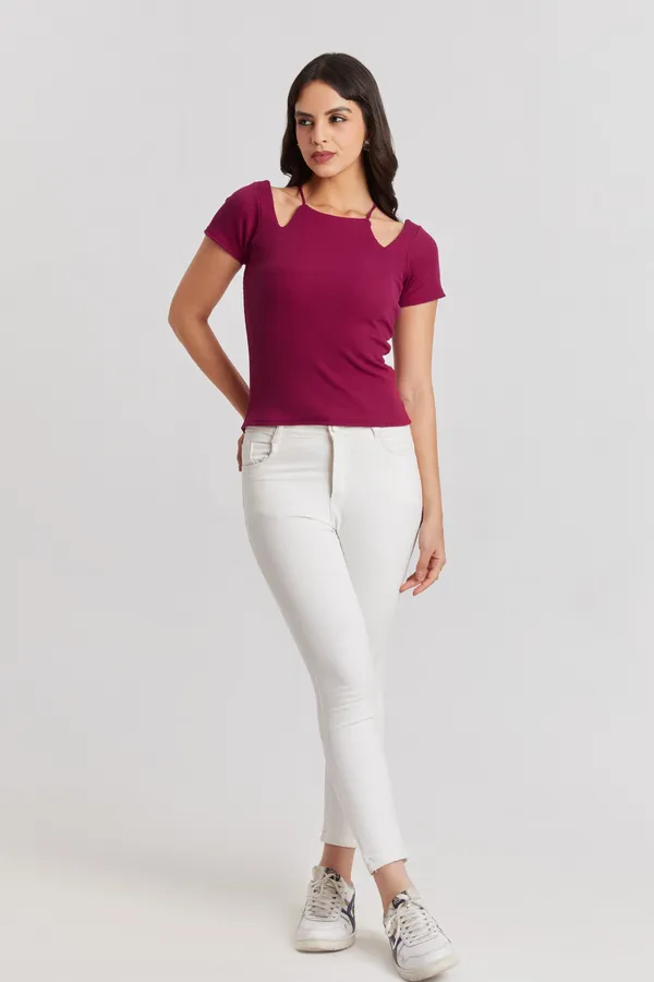 Solid_Casual_Half_Sleeves_Round_Neck_Women_Slim_Fit_Tops
