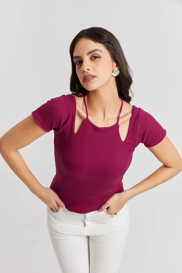 Solid_Casual_Half_Sleeves_Round_Neck_Women_Slim_Fit_Tops