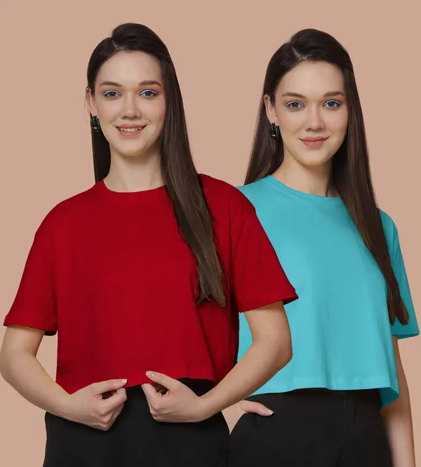 Women_Red_&_Turquoise_Blue_Pack_Of_2_Oversized_Tshirt