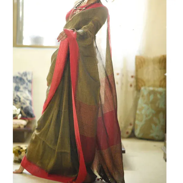 Green_Colour_Linen_Saree_(With_Unstitched_Blouse_Piece)_(For_Women)