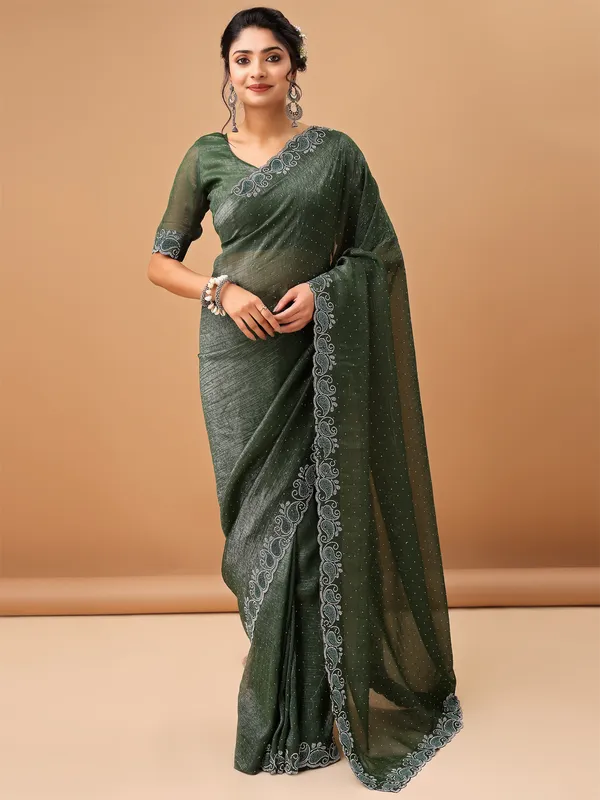 Green_Jimmy_Choo_Satin_Saree_With_Unstitched_Blouse_For_Women