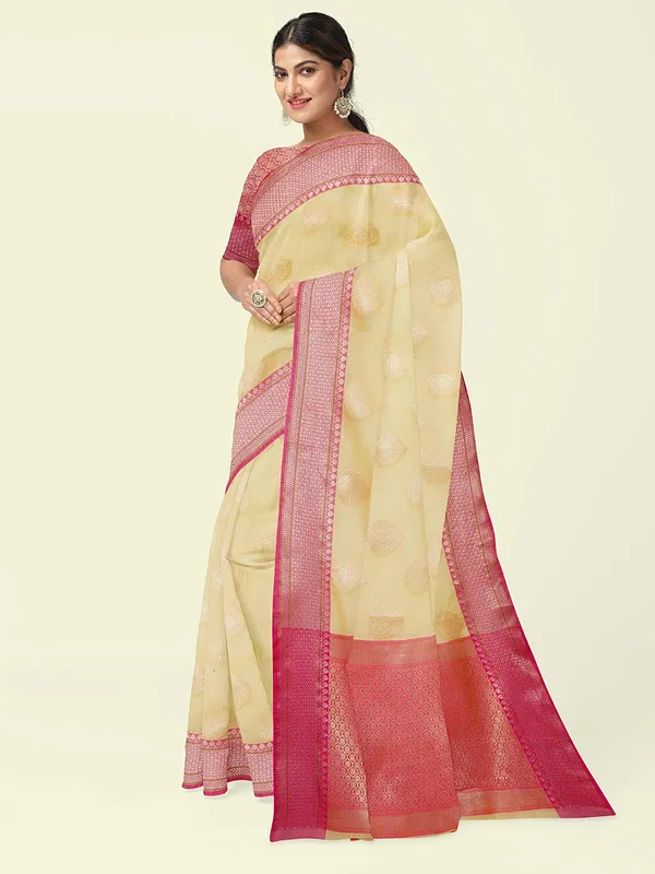 Beige_Cotton_Blend_Banarasi_Sarees_For_Women