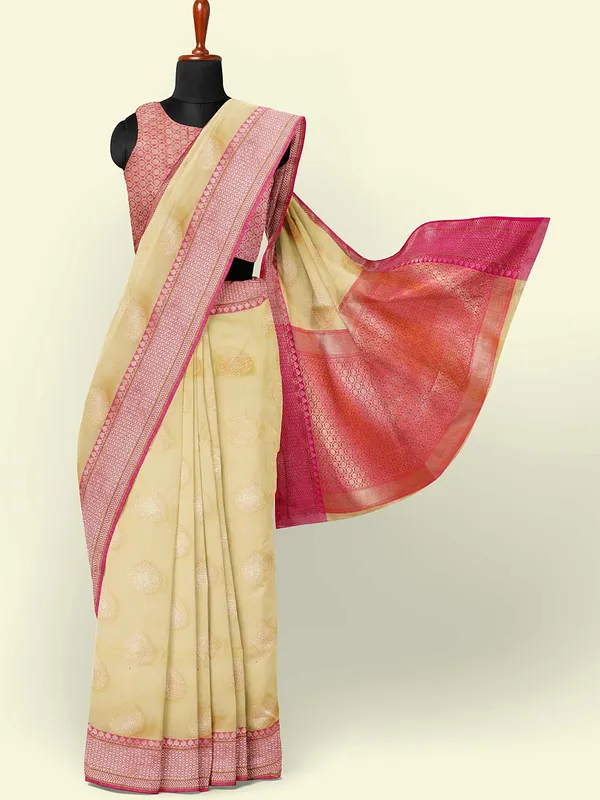 Beige_Cotton_Blend_Banarasi_Sarees_For_Women