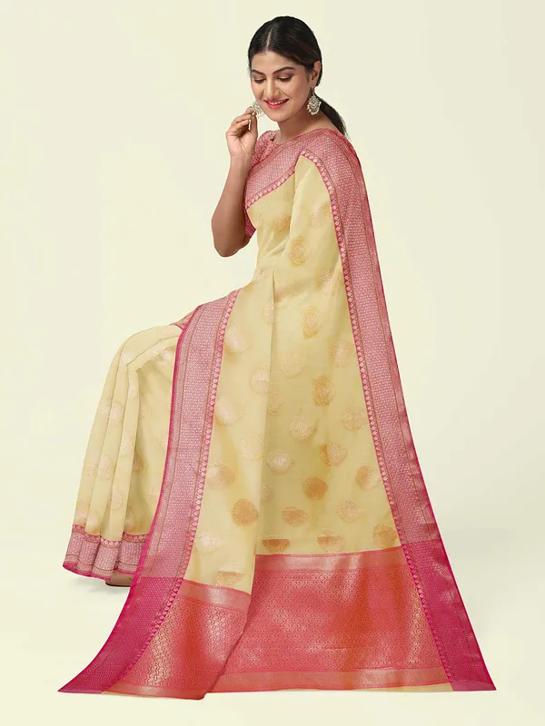 Beige_Cotton_Blend_Banarasi_Sarees_For_Women