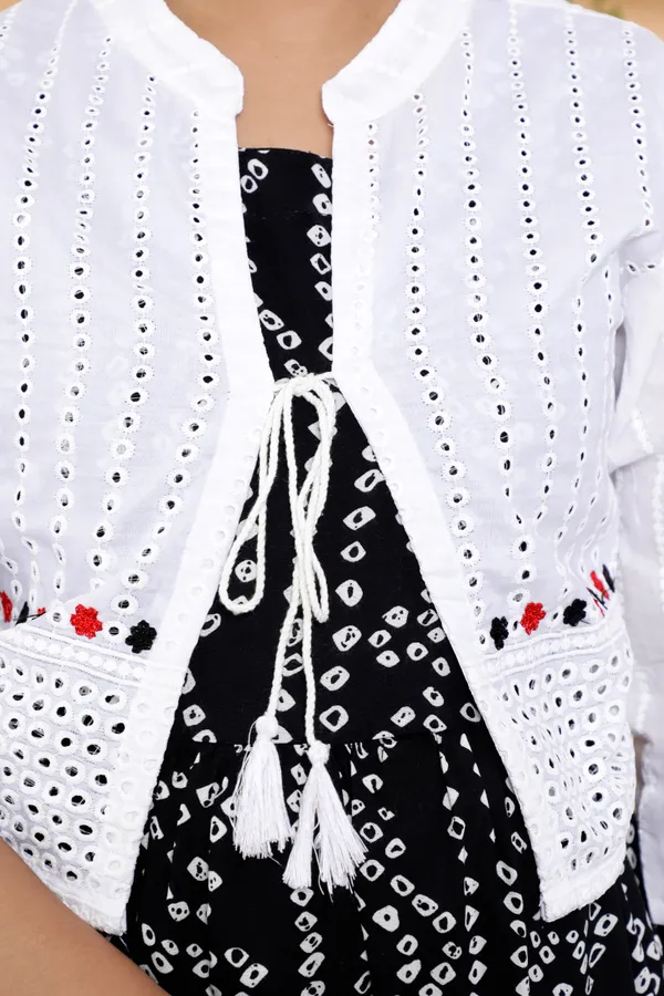 Black_Bandhej_Print_Ankle_Length_Plus_Size_Kurti/Gown_with_Schiffli_Jacket