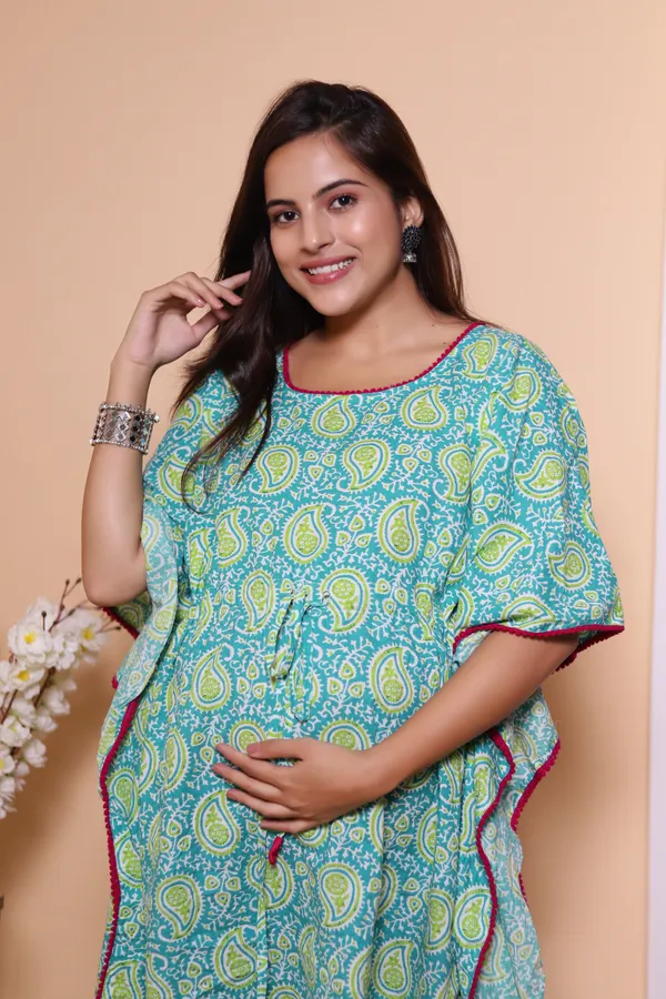Jaipur_Print_Turquoise_Maternity_Wear_Cotton_Printed_Kaftan_with_Tie_Ups