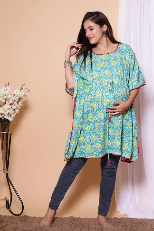 Jaipur_Print_Turquoise_Maternity_Wear_Cotton_Printed_Kaftan_with_Tie_Ups
