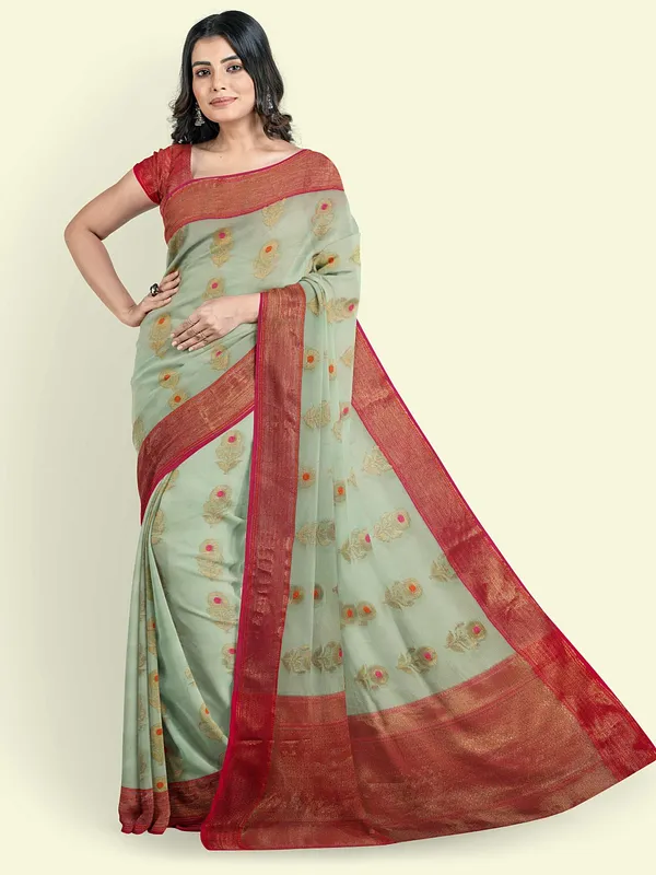 Turquoise_Blue_Cotton_Blend_Banarasi_Sarees_For_Women
