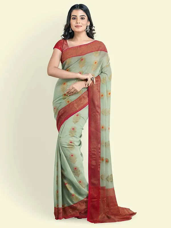 Turquoise_Blue_Cotton_Blend_Banarasi_Sarees_For_Women