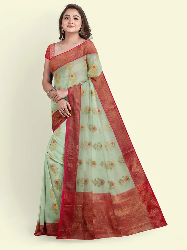 Turquoise_Blue_Cotton_Blend_Banarasi_Sarees_For_Women