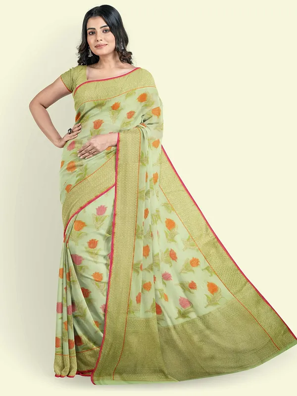 Green_Cotton_Blend_Banarasi_Sarees_For_Women