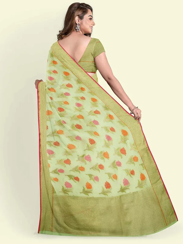 Green_Cotton_Blend_Banarasi_Sarees_For_Women