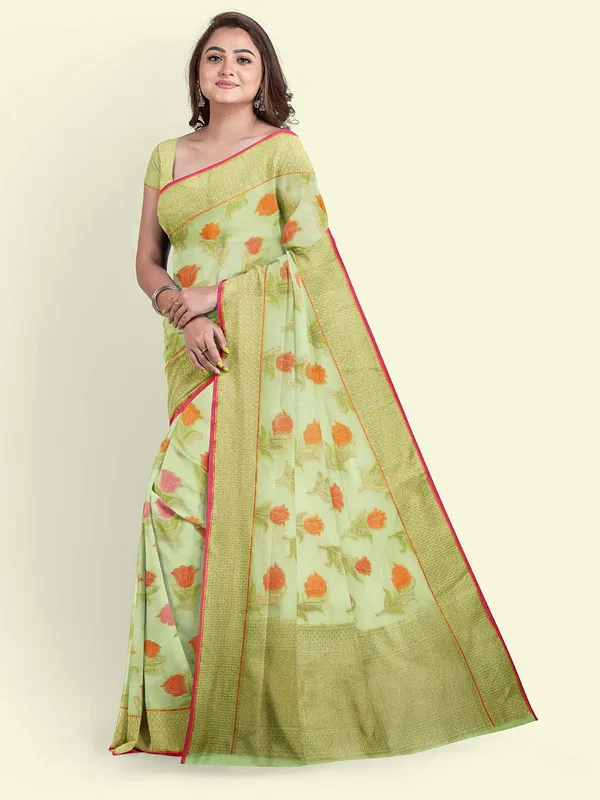 Green_Cotton_Blend_Banarasi_Sarees_For_Women