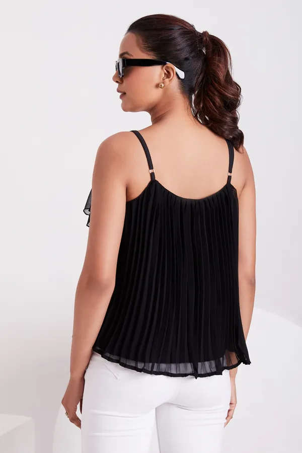 Black_Ruffle_Pleated_Adjustable_Straps_With_Sliders_Solid_Camisole_Crop_Top_For_Women