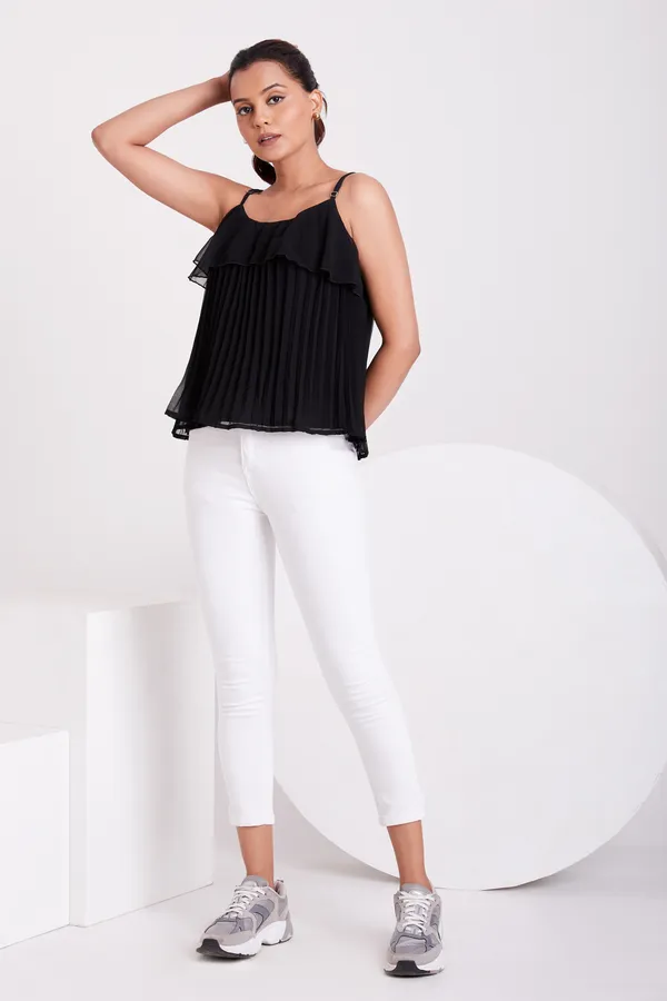 Black_Ruffle_Pleated_Adjustable_Straps_With_Sliders_Solid_Camisole_Crop_Top_For_Women