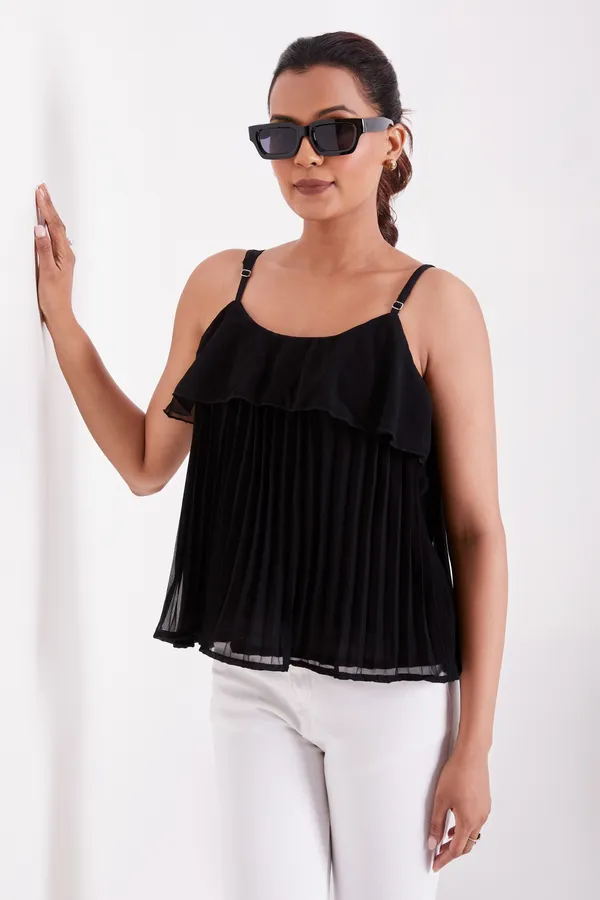 Black_Ruffle_Pleated_Adjustable_Straps_With_Sliders_Solid_Camisole_Crop_Top_For_Women