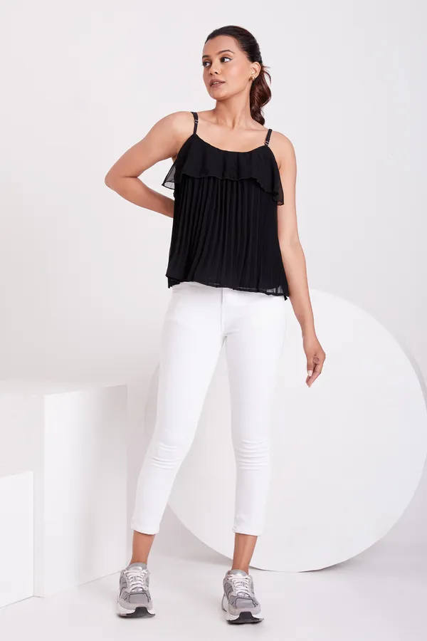 Black_Ruffle_Pleated_Adjustable_Straps_With_Sliders_Solid_Camisole_Crop_Top_For_Women