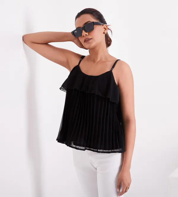 Black_Ruffle_Pleated_Adjustable_Straps_With_Sliders_Solid_Camisole_Crop_Top_For_Women