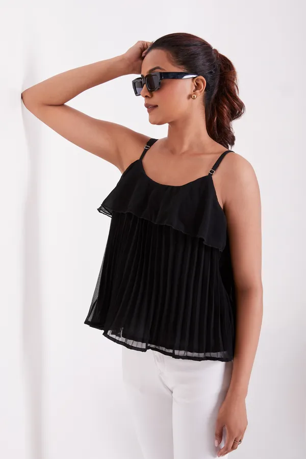 Black_Ruffle_Pleated_Adjustable_Straps_With_Sliders_Solid_Camisole_Crop_Top_For_Women
