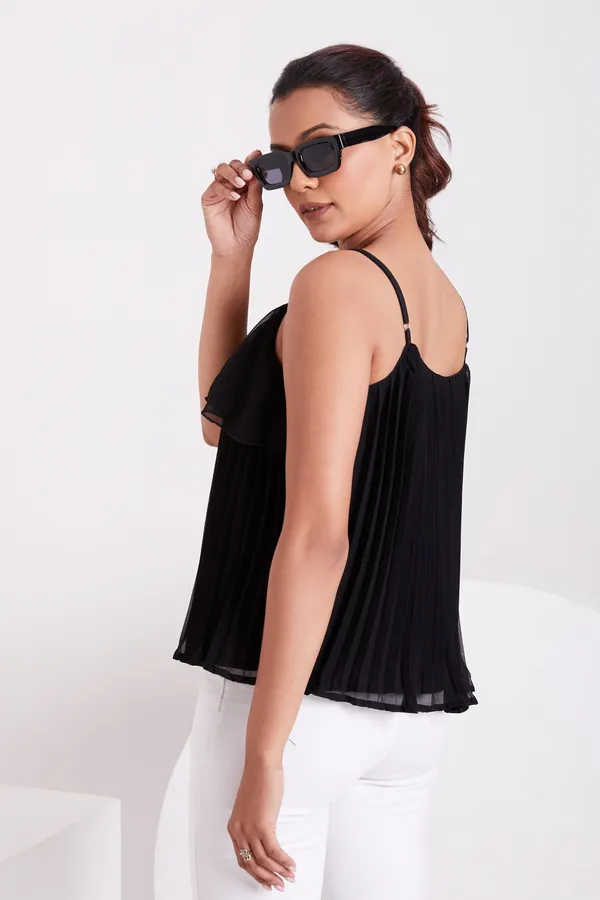 Black_Ruffle_Pleated_Adjustable_Straps_With_Sliders_Solid_Camisole_Crop_Top_For_Women