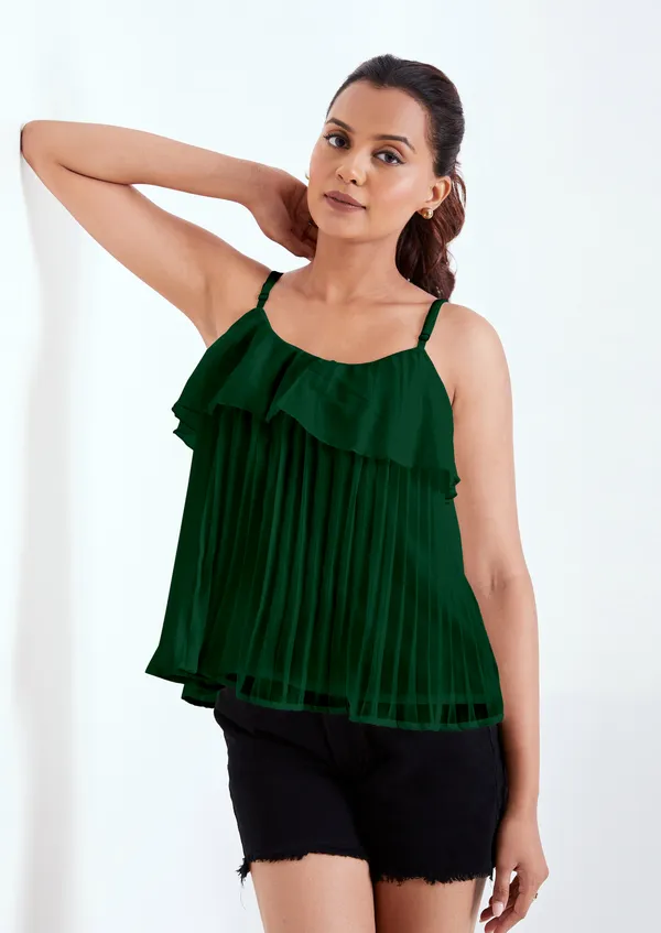 Green_Ruffle_Pleated_Adjustable_Straps_With_Sliders_Solid_Camisole_Crop_Top_For_Women