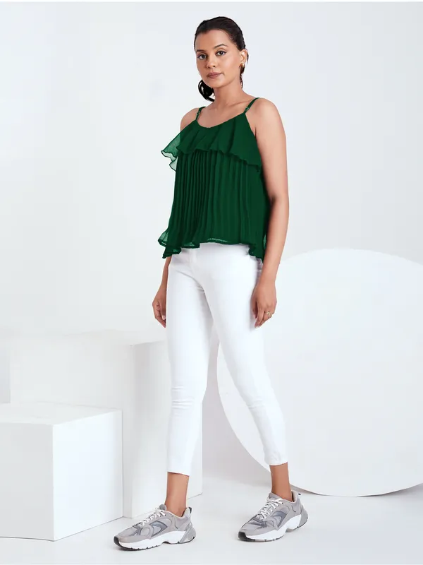 Green_Ruffle_Pleated_Adjustable_Straps_With_Sliders_Solid_Camisole_Crop_Top_For_Women