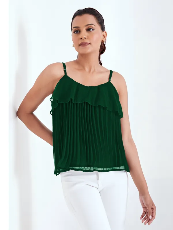 Green_Ruffle_Pleated_Adjustable_Straps_With_Sliders_Solid_Camisole_Crop_Top_For_Women
