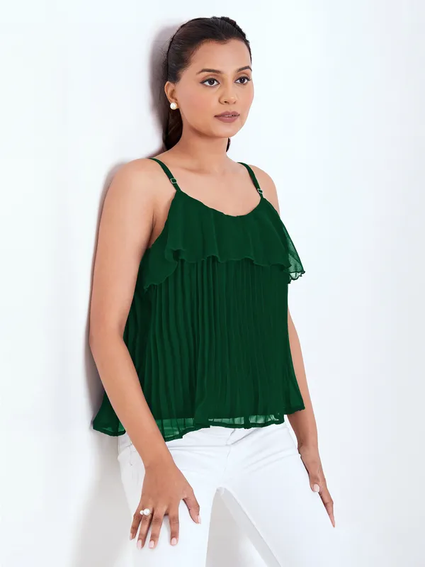 Green_Ruffle_Pleated_Adjustable_Straps_With_Sliders_Solid_Camisole_Crop_Top_For_Women