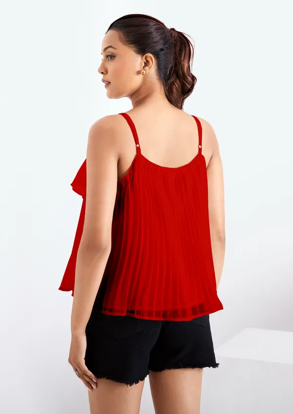 Red_Ruffle_Pleated_Adjustable_Straps_With_Sliders_Solid_Camisole_Crop_Top_For_Women