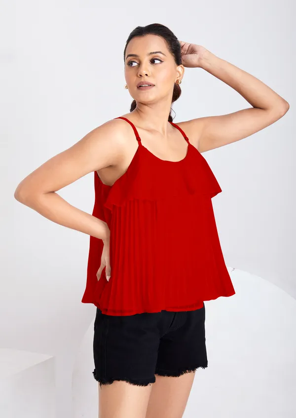 Red_Ruffle_Pleated_Adjustable_Straps_With_Sliders_Solid_Camisole_Crop_Top_For_Women