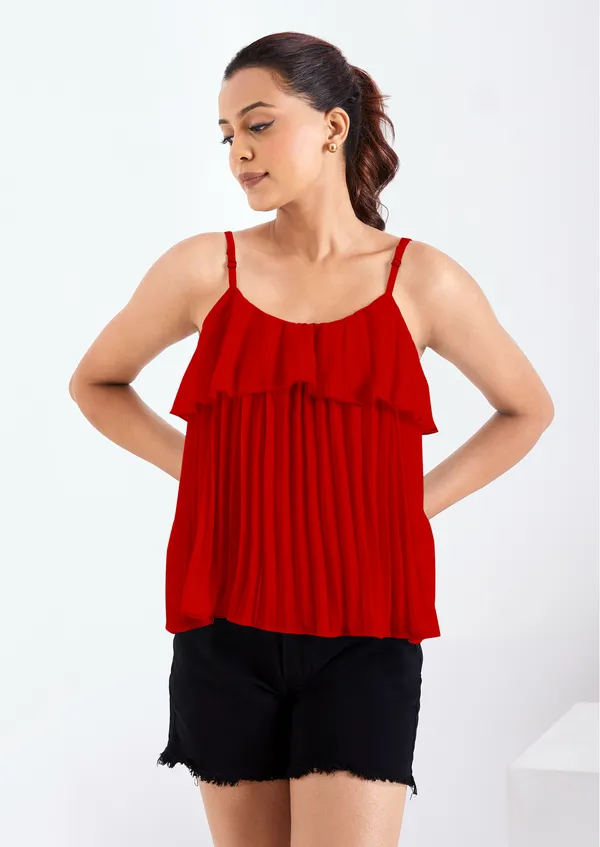 Red_Ruffle_Pleated_Adjustable_Straps_With_Sliders_Solid_Camisole_Crop_Top_For_Women