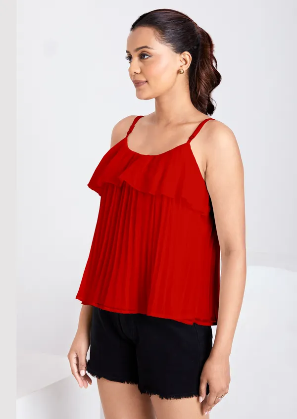 Red_Ruffle_Pleated_Adjustable_Straps_With_Sliders_Solid_Camisole_Crop_Top_For_Women