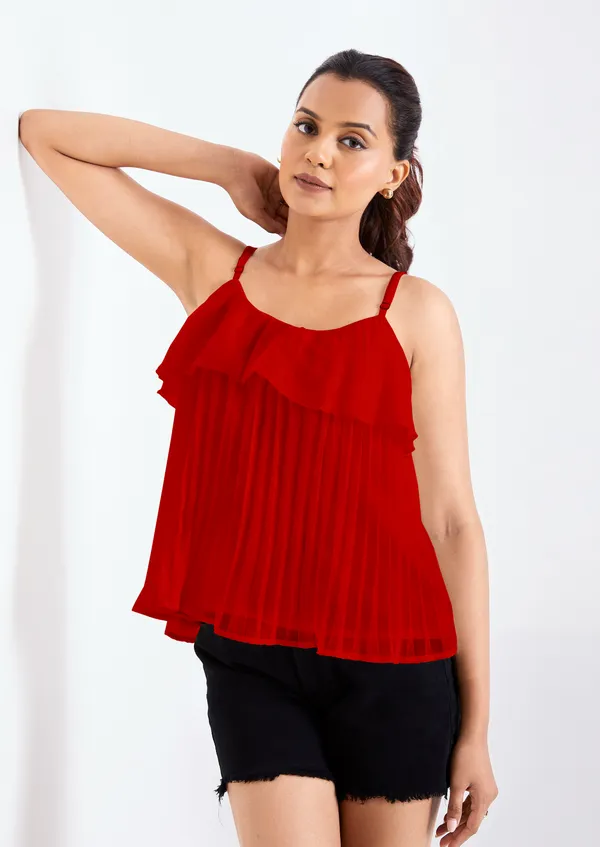 Red_Ruffle_Pleated_Adjustable_Straps_With_Sliders_Solid_Camisole_Crop_Top_For_Women