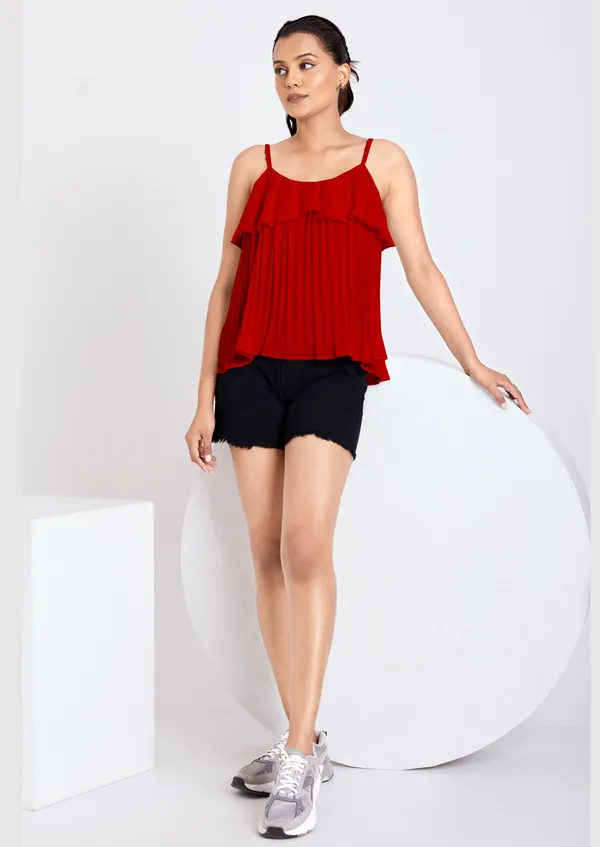 Red_Ruffle_Pleated_Adjustable_Straps_With_Sliders_Solid_Camisole_Crop_Top_For_Women