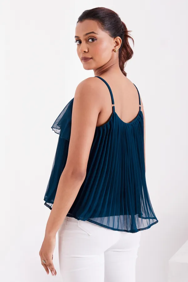Tail_Green_Ruffle_Pleated_Adjustable_Straps_With_Sliders_Solid_Camisole_Crop_Top_For_Women