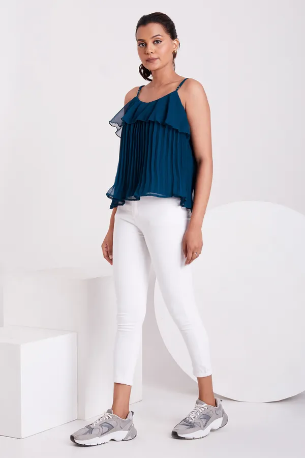 Tail_Green_Ruffle_Pleated_Adjustable_Straps_With_Sliders_Solid_Camisole_Crop_Top_For_Women