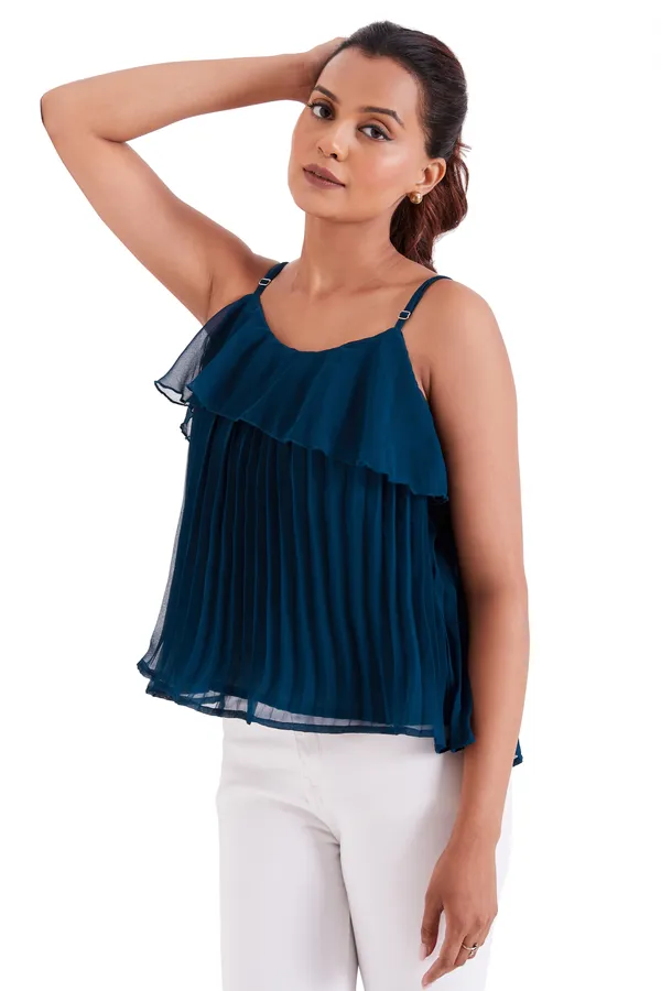 Tail_Green_Ruffle_Pleated_Adjustable_Straps_With_Sliders_Solid_Camisole_Crop_Top_For_Women