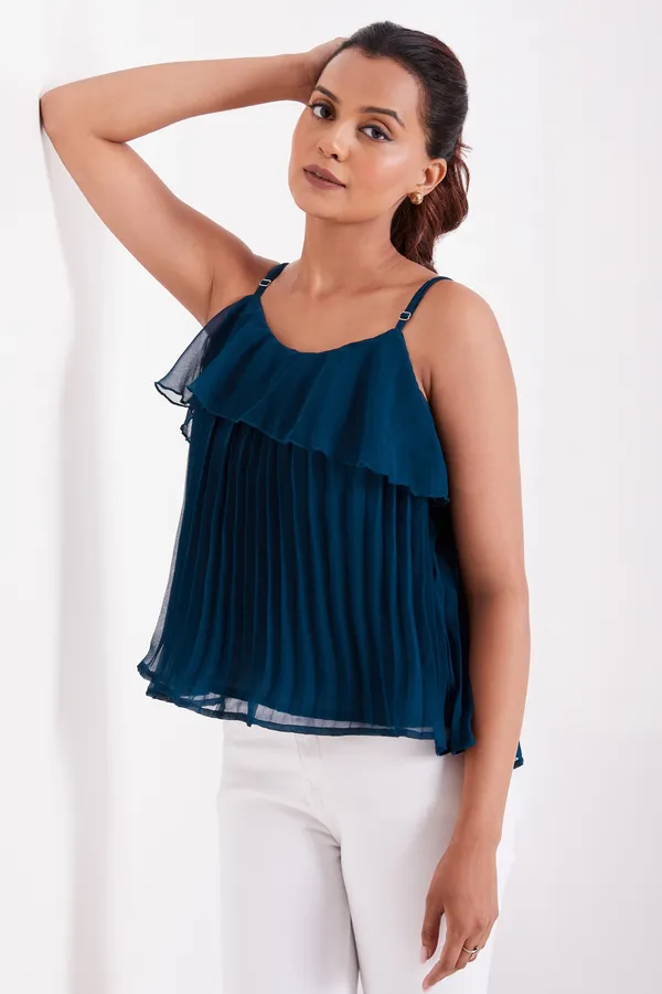 Tail_Green_Ruffle_Pleated_Adjustable_Straps_With_Sliders_Solid_Camisole_Crop_Top_For_Women