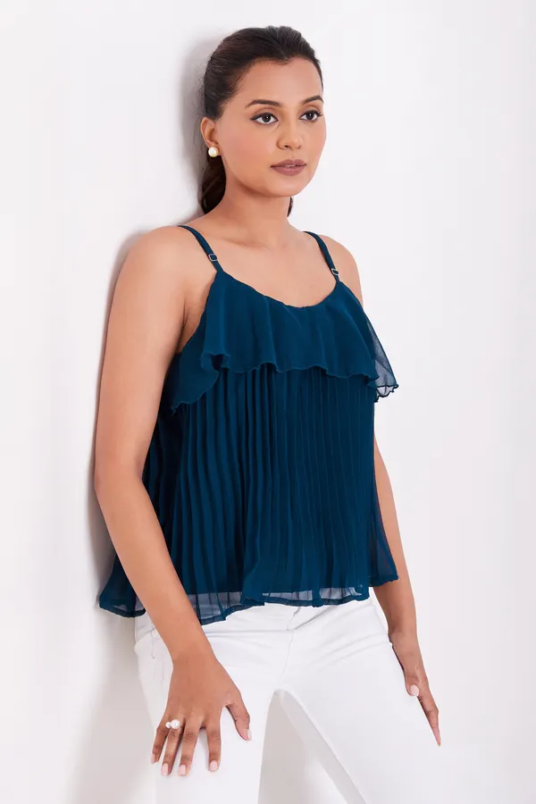 Tail_Green_Ruffle_Pleated_Adjustable_Straps_With_Sliders_Solid_Camisole_Crop_Top_For_Women